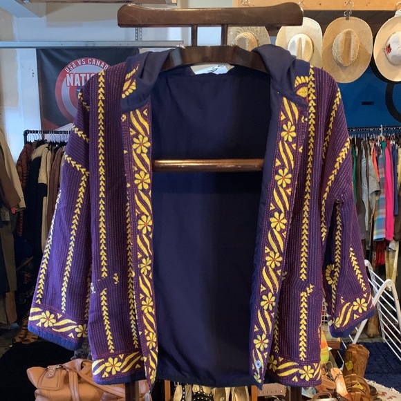 None Sweaters - Navy, orange & Yellow Hooded Cardigan Embroidered Jacket